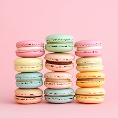 Fototapeta premium Pastel Macarons Stacked on Pink Background