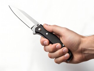 Obraz premium A hand holding a folding knife with a black handle, pointed outward, against a plain white background.