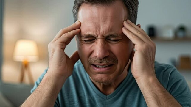 Man suffering intense headache severe pain overwhelming distress desperate need help