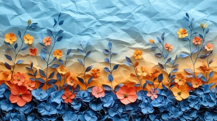 Vibrant Paper Flowers with Blue Background and Crumpled Texture