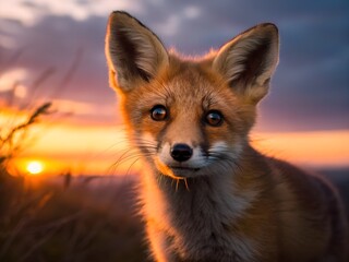 Fototapeta premium Fox Cub Close Up at Sunset