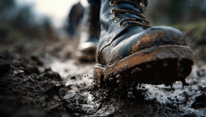Muddy path. Close-up of boots in the mud