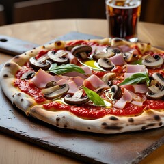 Pyszna gorąca pizza z pieczarkami podana ze szklanką coli