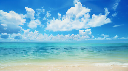 Fototapeta premium Blue sky over calm sea. Blue sea and sunny sky on horizon over calm water