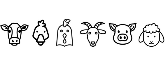 Farm animals like sheep, pork, hen, cow ,goat and goose hand drawn vector outline icons. 