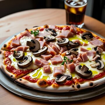 Pyszna gorąca pizza z pieczarkami podana ze szklanką coli