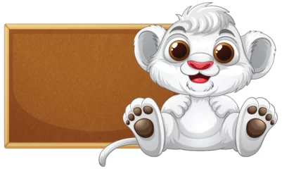 Gordijnen Cute Lion Cub with Blank Sign © GraphicsRF