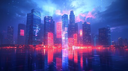 Fototapeta premium Futuristic cityscape reflected in water, vibrant neon lights illuminate buildings at night, creating a digital art scene