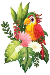 Gordijnen Colorful Parrot with Tropical Floral Arrangement © GraphicsRF