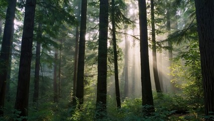 Obraz premium Sunlight streaming through tall trees in a dense forest creating a serene and mystical atmosphere