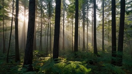 Obraz premium Sunlight filtering through the trees in a dense forest creating a serene and mystical atmosphere