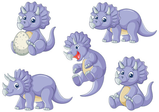 Cute Baby Triceratops Vector Illustration Set