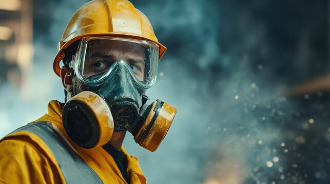 A gas-masked engineer, leading a team in a toxic dusty construction zone.