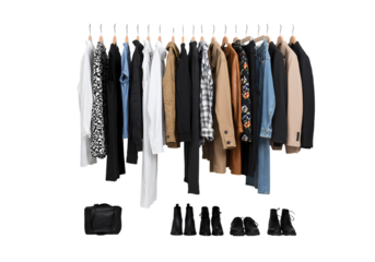 Organized Wardrobe Coats Dresses and Boots on Display isolated on transparent baackground