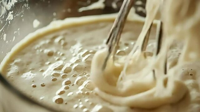 Closeup beige batter mixing