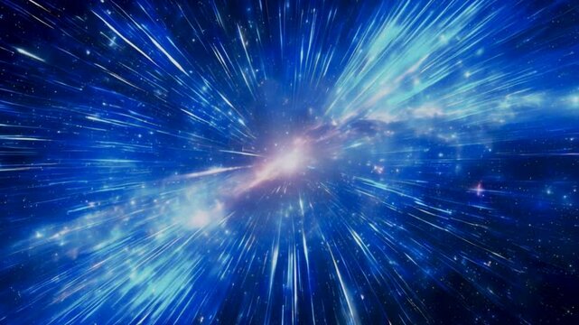 Abstract blue light streaks in space with stars and nebula.