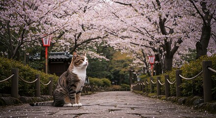 Calico Cat Under Cherry Blossoms in Japan