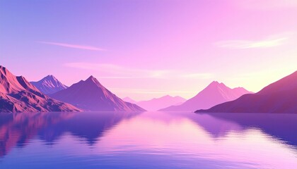 3d render, abstract panoramic background, surreal fantasy landscape with lake water, mountains and pink violet sunset sky. Mystical horizontal wallpaper