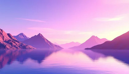 Fototapeten 3d render, abstract panoramic background, surreal fantasy landscape with lake water, mountains and pink violet sunset sky. Mystical horizontal wallpaper © yuttapoom