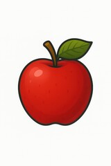 A bright red cartoon apple with a green leaf and a brown stem on a white background.