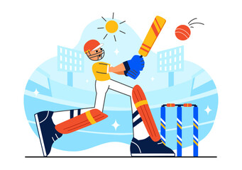 Batsman Playing Cricket Vector Illustration Featuring Bat and Ball on the Field for a Championship Tournament League in a Flat Style Background