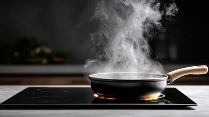 Modern induction stove with frying pan and steam rising, cooking in action