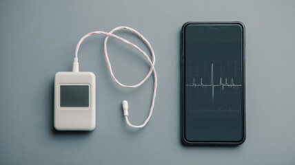 A close-up of medical equipment on a sleek grey surface. The image shows a medical device connected to a smartphone, the screen displays a waveform. The composition is clean and clinical.