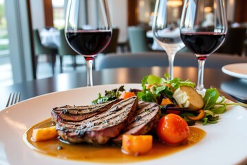 Elegant restaurant dining scene featuring ostrich fillet with grilled vegetables, fresh salad, and red wine