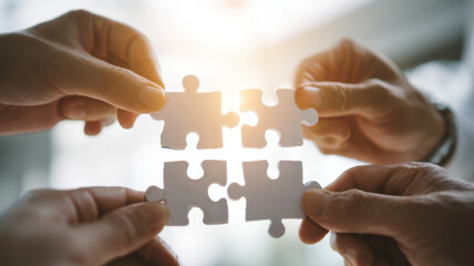 Team holding puzzle pieces together, strategy and problem solving