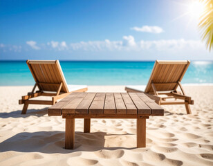 Obraz premium 3D Summer Podium with Rustic Wooden Table – Outdoor Natural Display for Product or Branding Mockup