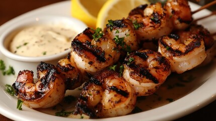 Grilled shrimp skewers with a creamy sauce