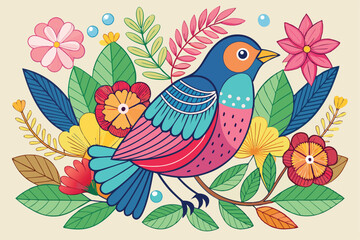 Obraz premium Colorful Bird Illustration with Flowers and Leaves on a Beige Background