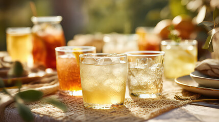 Colorful cocktails with ice in clear glasses on a sunlit table during an outdoor gathering