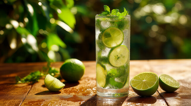 Glass of refreshing mojito filled with lime slices and mint leaves sits on wet wooden surface in sunlight, condensation adds chill effect, drink and lime repeated for fresh tropical mood concept