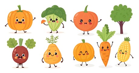 Naklejka premium Set of cute cartoon characters of humanoid autumn vegetables, vector graphics, simple shapes, bright colors, character sheet design, on flat white background
