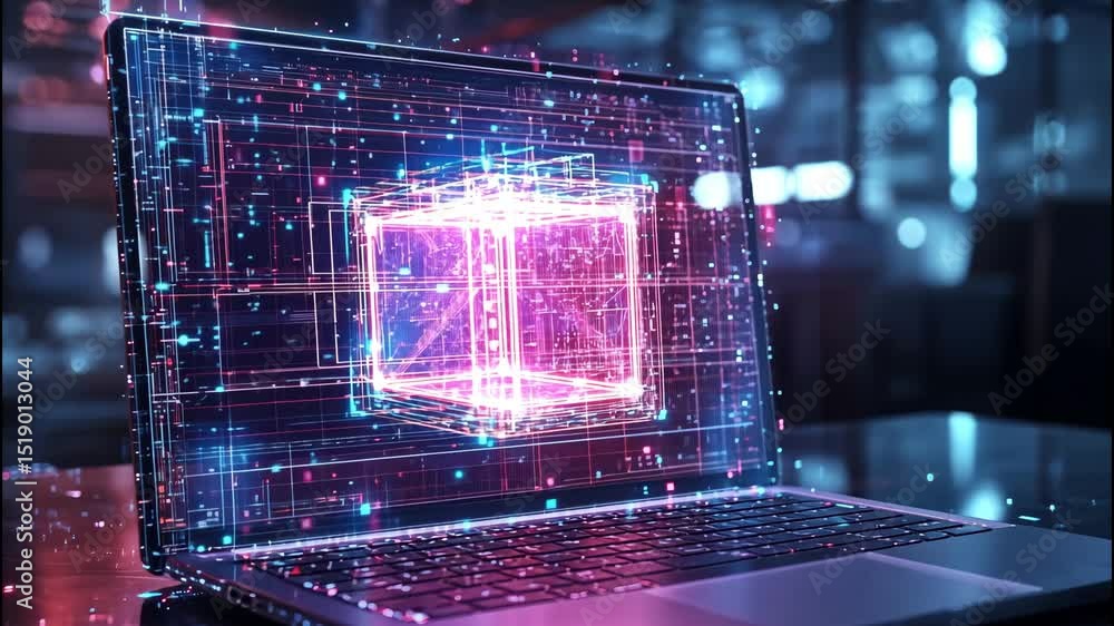Aufkleber digital glowing cube floating in cyberspace with electric lines and data streams.