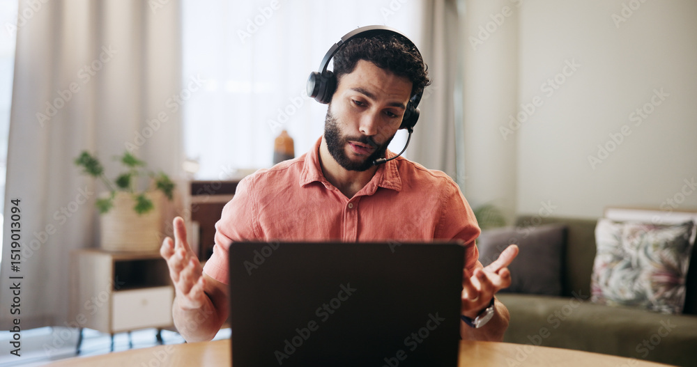 Poster man, headset and laptop for remote work, virtual assistant or consultant for help in home. male pers