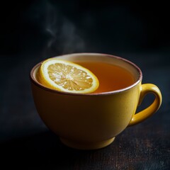 Steam Rising from Yellow Cup of Lemon Tea on Dark Background