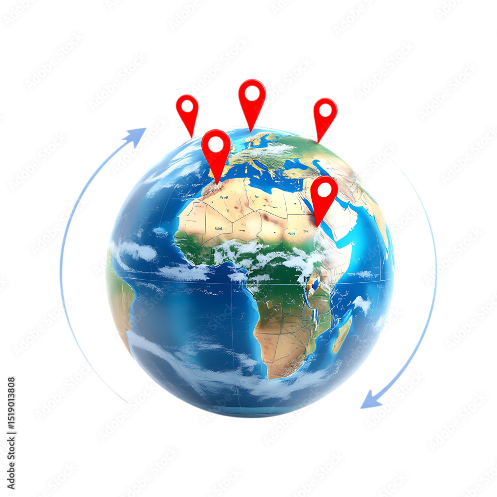 Poster rotating globe with location pins, illustrating global connectivity and networking.