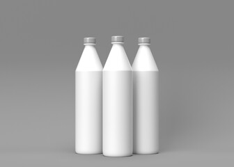 Three Blank White Plastic Bottles Mockup on Gray Background