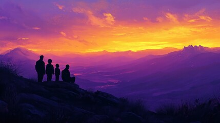 Family watching sunrise over mountains