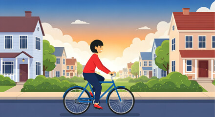 Fototapeta premium Person Riding Blue Bicycle Through Quiet Suburban Neighborhood