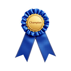 Award winning blue ribbon with gold champion text. Success, achievement, victory concept.