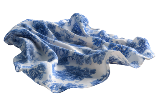 Elegant blue and white floral fabric gracefully draped against a transparent background
