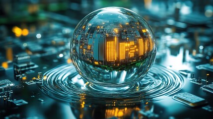 Artistic Futuristic Digital Cityscape Inside Glass Sphere Technology Abstraction