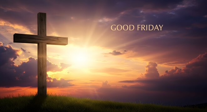 Wooden cross stands on a grassy hill against a dramatic sunset sky with bright sunbeams and the text Good Friday written in the clouds.