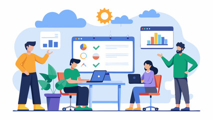 Team of developers working on project management and software development with dashboards and cloud computing, flat illustration of modern office teamwork and collaboration.