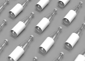 Pattern of Clear Glass Bottles with Blank White Labels on Gray Background
