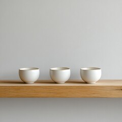 Three Small White Ceramic Cups with Gold Rims on Wooden Shelf