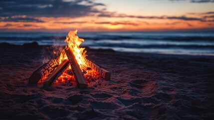 Bonfire on the Beach at Sunset